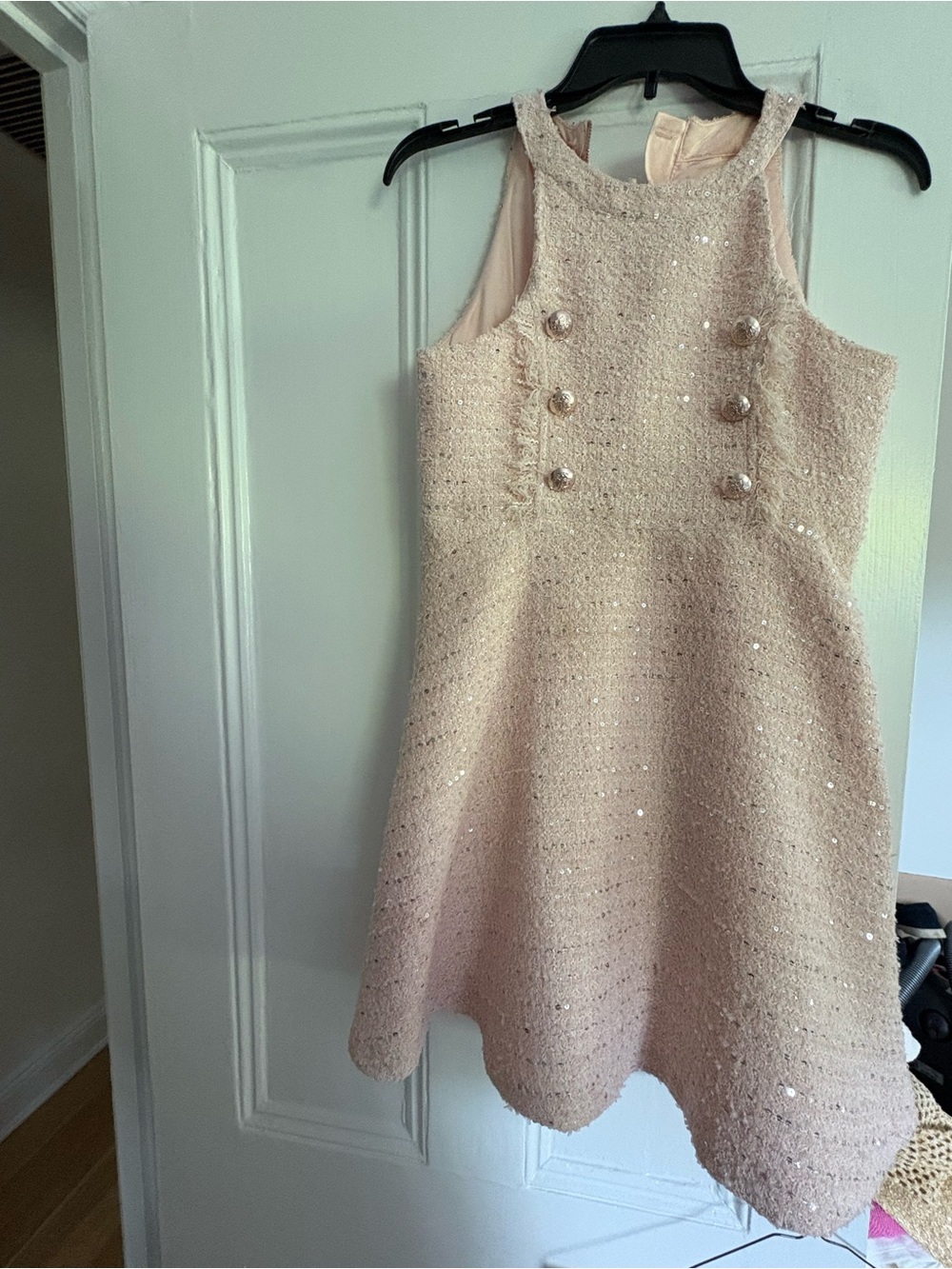 Bardot Cream Sequin Tweed Party Dress with Pearl Buttons